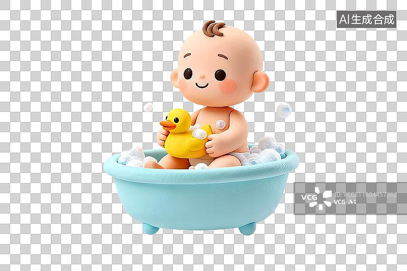 【AI数字艺术】3D渲染一个可爱的婴儿正在浴缸里洗澡，拿着小黄鸭玩具，浴盆里充满了泡沫图片素材