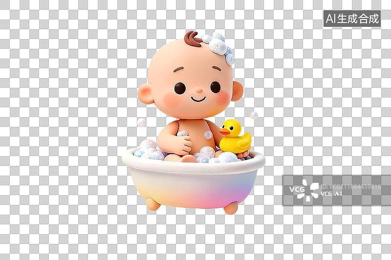 【AI数字艺术】3D渲染一个可爱的婴儿正在浴缸里洗澡，拿着小黄鸭玩具，浴盆里充满了泡沫图片素材