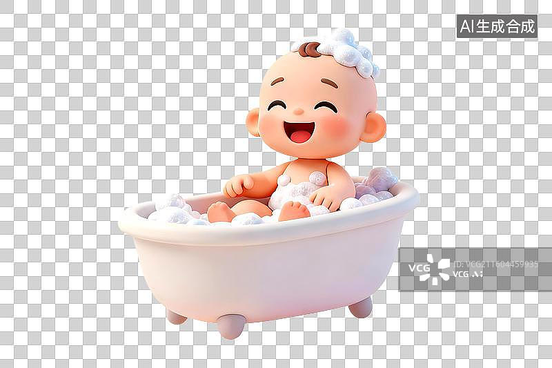【AI数字艺术】3D渲染一个可爱的婴儿正在浴缸里洗澡，拿着小黄鸭玩具，浴盆里充满了泡沫图片素材