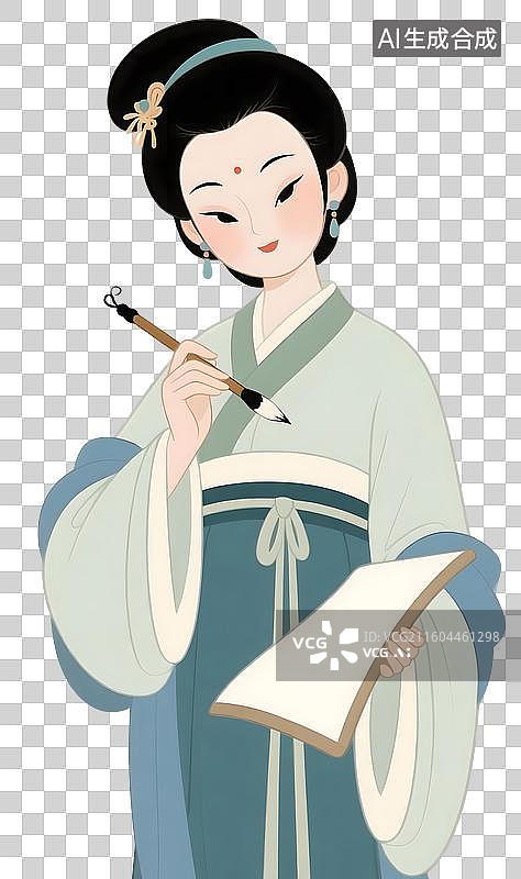 【AI数字艺术】AIGC：宋代女诗人李清照拿着毛笔画画，历史人物，插图插画，元素，免抠图形图片素材