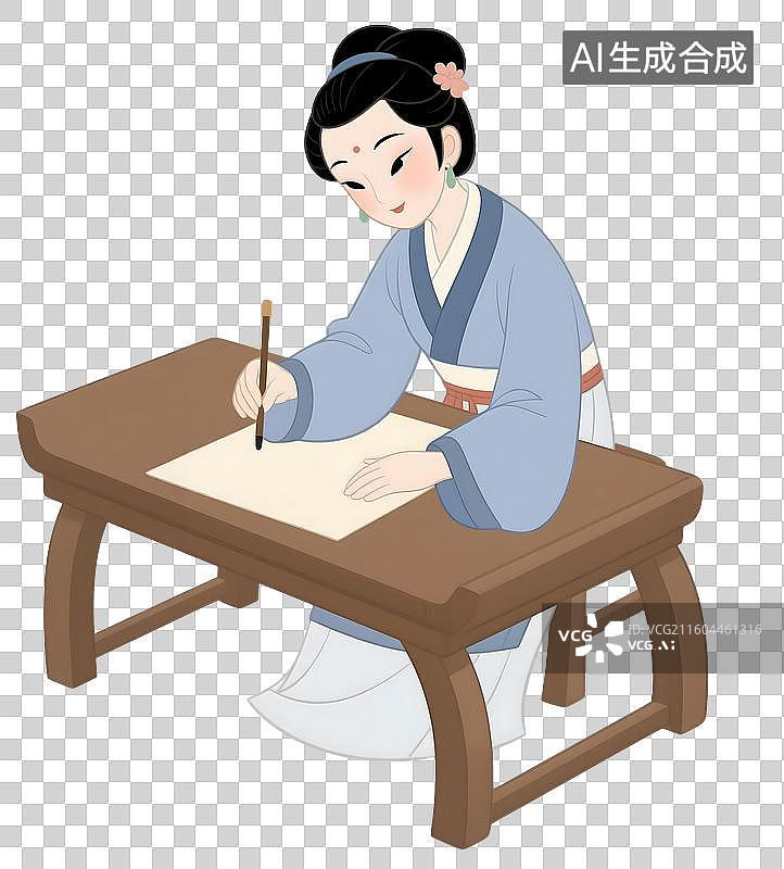 【AI数字艺术】AIGC：古代人物女诗人，李清照，伏案作画，历史人物，插图插画，元素，免抠图形图片素材