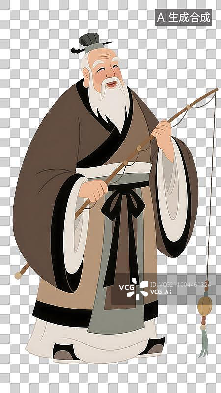 【AI数字艺术】AIGC：姜太公钓鱼，古代人物，历史插图插画，元素，免抠图形图片素材