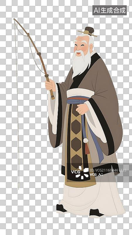 【AI数字艺术】AIGC：姜太公钓鱼，古代人物，历史插图插画，元素，免抠图形图片素材