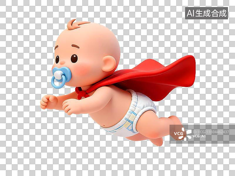 【AI数字艺术】3D超级宝贝概念，叼着安抚奶嘴穿着纸尿裤披着红色斗篷的宝贝飞向未来图片素材