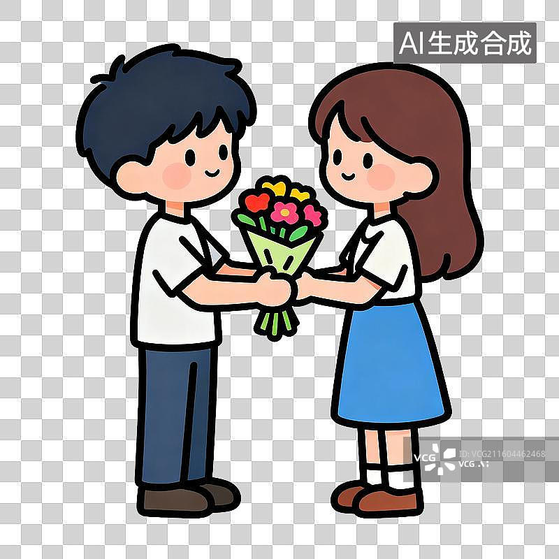 【AI数字艺术】年轻男孩向女孩赠送花束图片素材