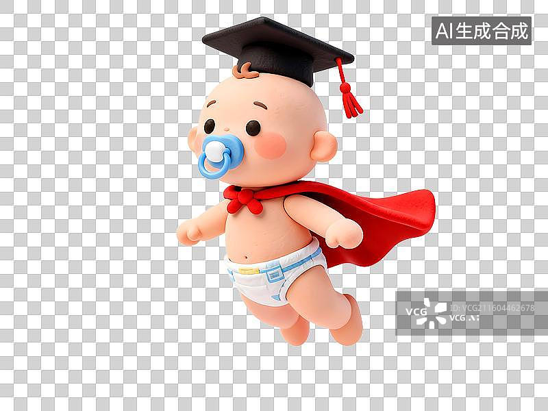 【AI数字艺术】3D超级宝贝概念，叼着安抚奶嘴穿着纸尿裤披着红色斗篷的戴着学士帽的宝贝飞向未来图片素材