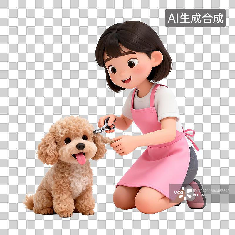 【AI数字艺术】女孩给可爱贵宾犬修剪毛发图片素材