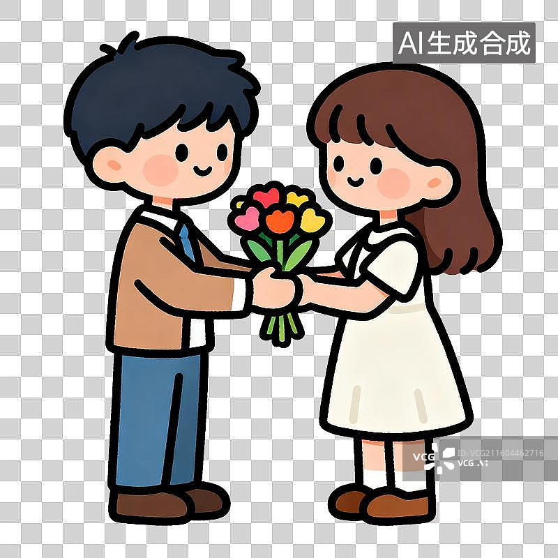 【AI数字艺术】男孩给女孩送花的温馨场景图片素材