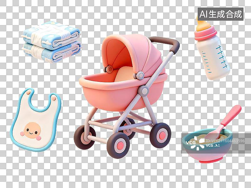 【AI数字艺术】3D婴儿用品，母婴用品，婴儿用品，奶瓶，婴儿车，辅食图片素材