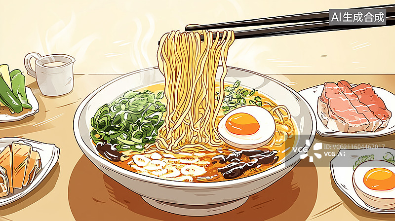 【AI数字艺术】热气腾腾的拉面插画图片素材