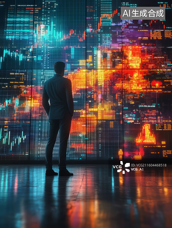 【AI数字艺术】投资人站在股市行情K线图交易数据屏幕前分析图片素材