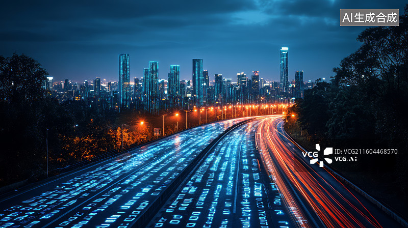【AI数字艺术】未来数字城市科技数据流互通道路夜景图片素材