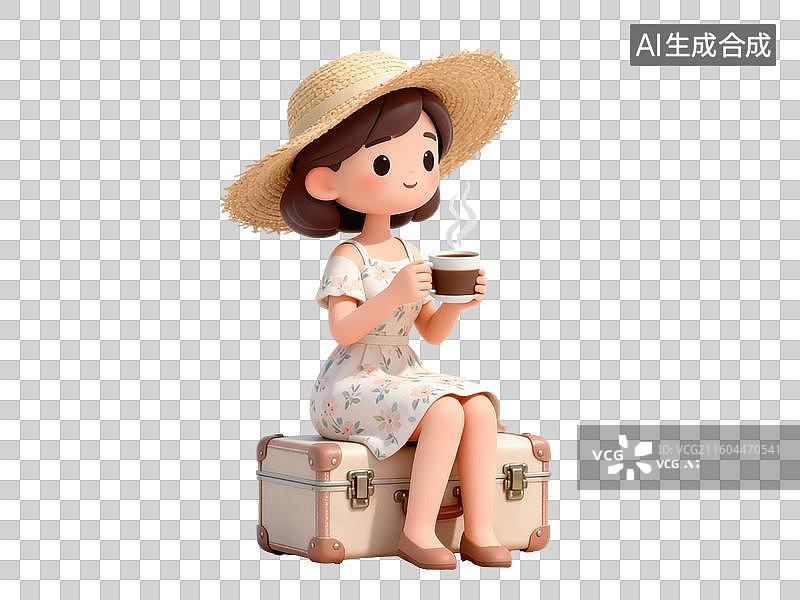 【AI数字艺术】戴草帽的女孩坐在行李箱上喝咖啡图片素材