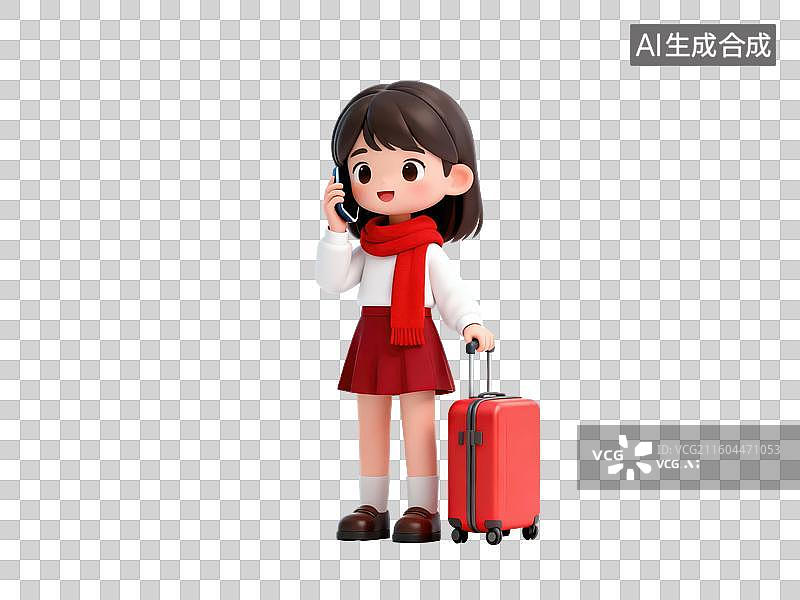 【AI数字艺术】女孩手持行李箱打电话图片素材