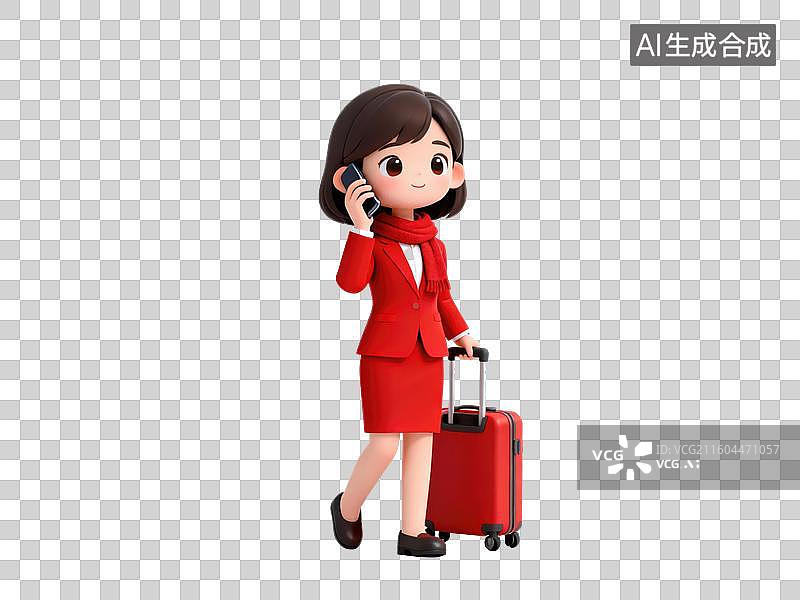 【AI数字艺术】穿红衣的女性携带行李箱通话图片素材
