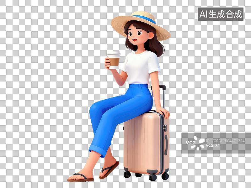【AI数字艺术】女子坐行李箱手持饮品图片素材