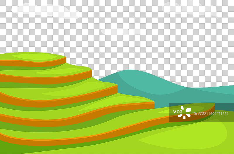 蓝天下，层层叠叠的绿色梯田如同台阶图片素材