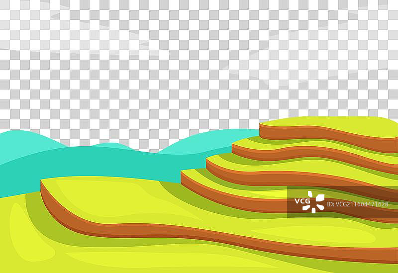 层叠的山峦被翠绿的梯田覆盖，形成壮观的台阶状景观图片素材