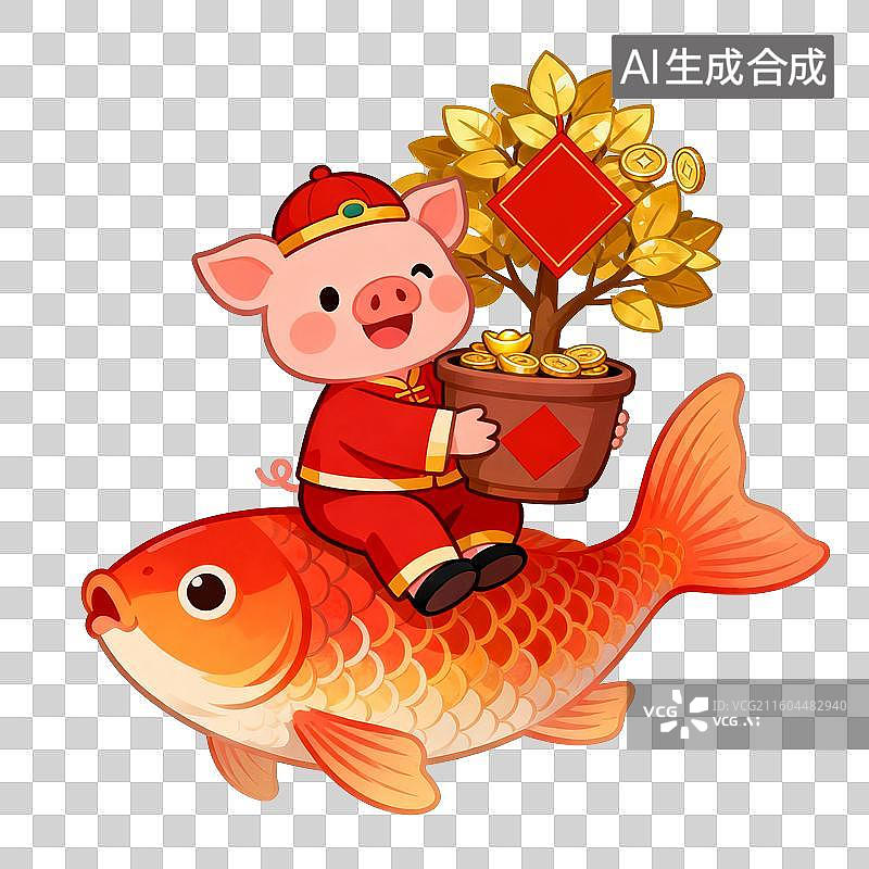 【AI数字艺术】线描风卡通可爱十二生肖：生肖猪骑锦鲤春节吉祥图片素材