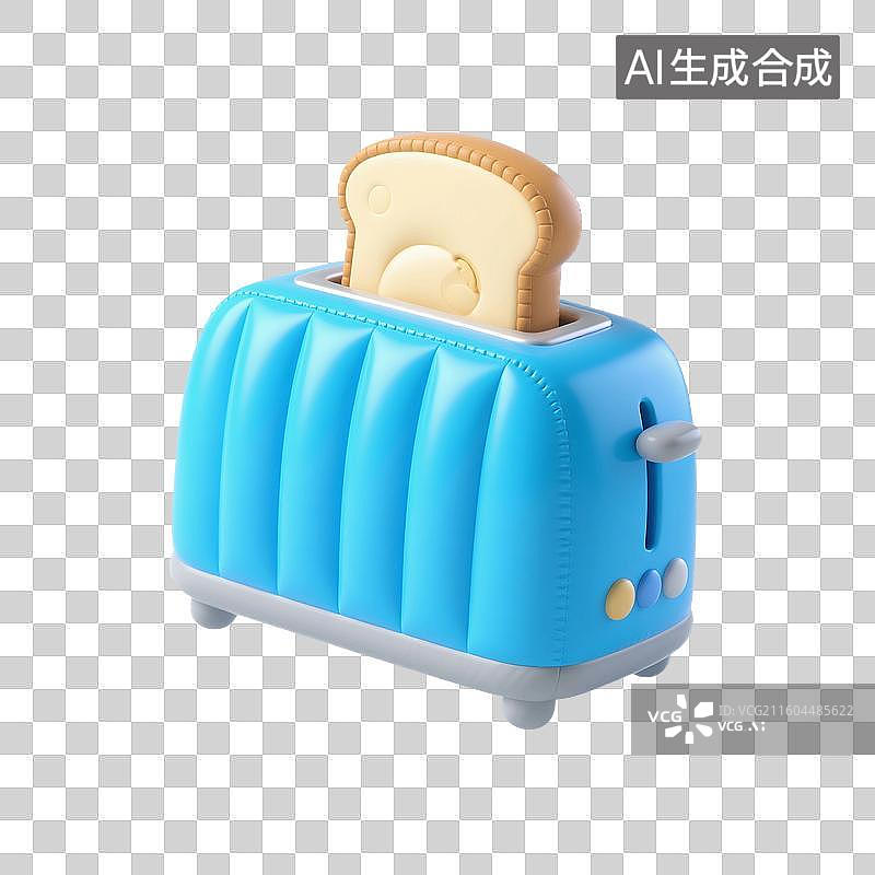 【AI数字艺术】3D渲染，卡通小家电，蓝色烤面包机，多士炉，免抠元素图片素材