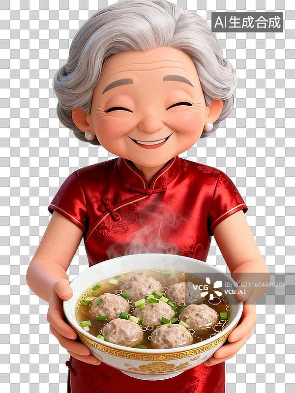 【AI数字艺术】3D渲染卡通人物，老奶奶端着一碗丸子汤，年夜饭，鱼丸，牛肉丸，清汤，中国美食免抠素材图片素材