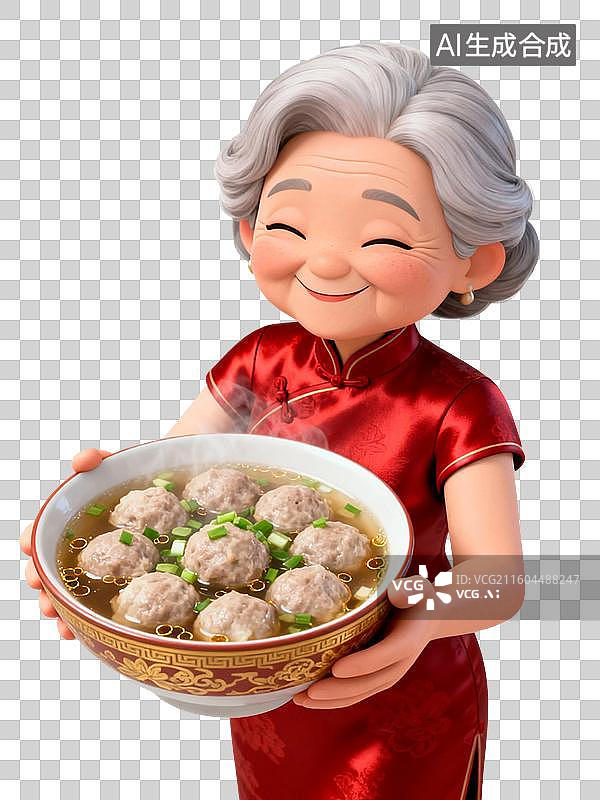 【AI数字艺术】3D渲染卡通人物，老奶奶端着一碗丸子汤，年夜饭，鱼丸，牛肉丸，清汤，中国美食免抠素材图片素材