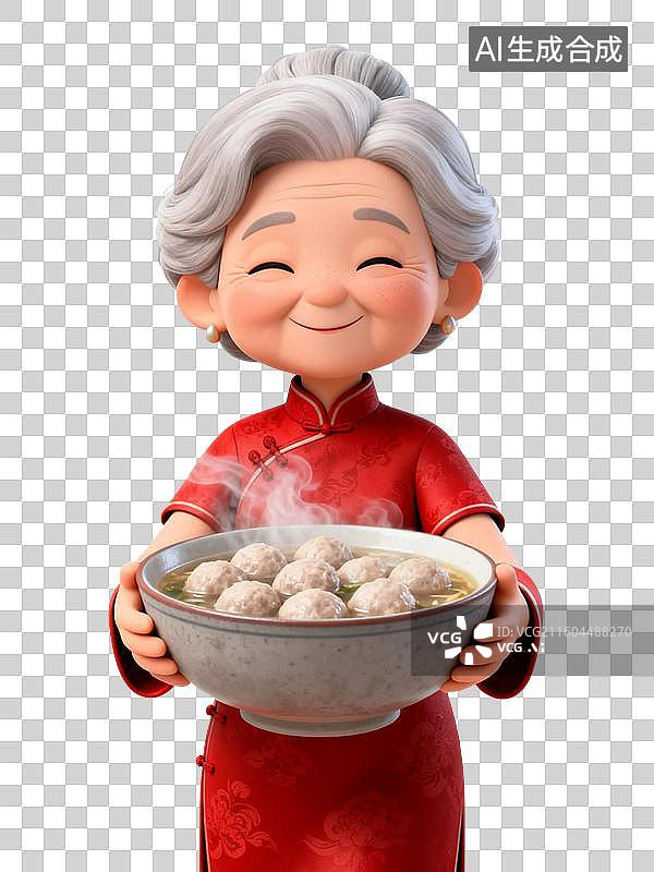 【AI数字艺术】3D渲染卡通人物，老奶奶端着一碗丸子汤，年夜饭，鱼丸，牛肉丸，清汤，中国美食免抠素材图片素材