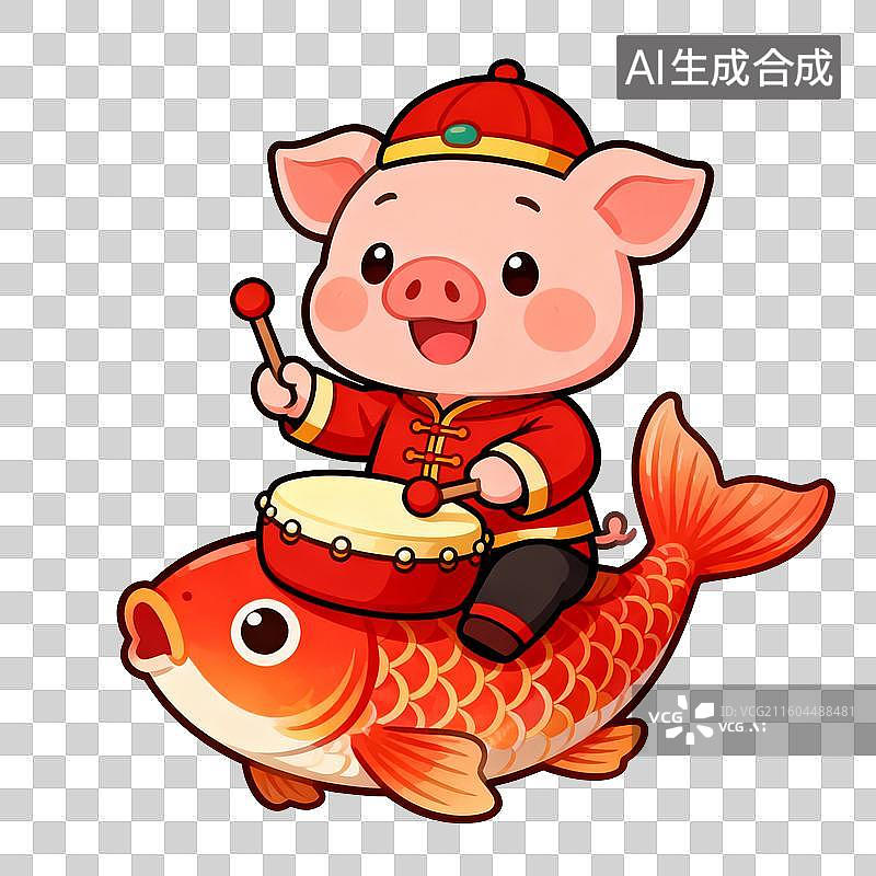 【AI数字艺术】线描风卡通可爱十二生肖：生肖猪骑锦鲤春节吉祥图片素材