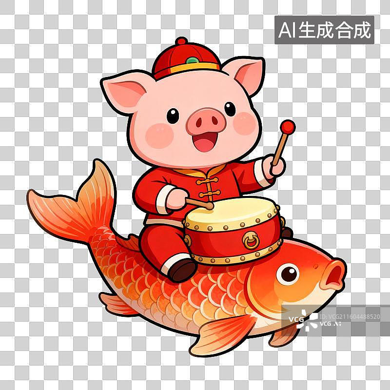 【AI数字艺术】线描风卡通可爱十二生肖：生肖猪骑锦鲤春节吉祥图片素材