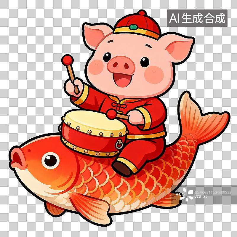 【AI数字艺术】线描风卡通可爱十二生肖：生肖猪骑锦鲤春节吉祥图片素材