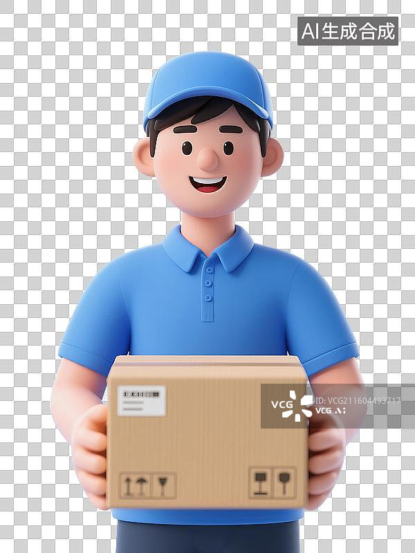 【AI数字艺术】3D渲染卡通人物，拿着纸板箱的快递员的形象，物流，快递，仓储，货运，劳动节，免抠元素图片素材