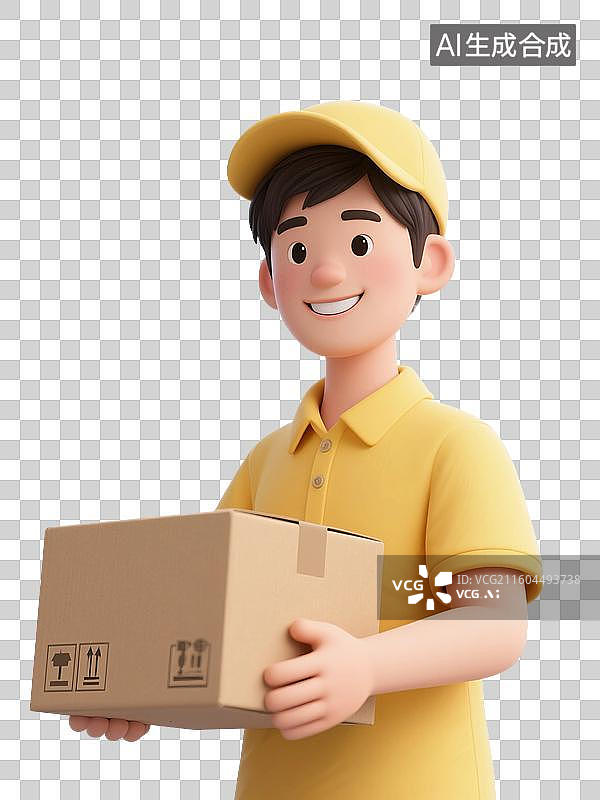 【AI数字艺术】3D渲染卡通人物，拿着纸板箱的快递员的形象，物流，快递，仓储，货运，劳动节，免抠元素图片素材