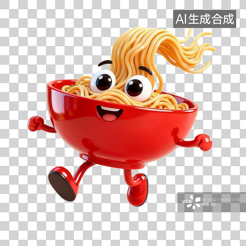 【AI数字艺术】3D渲染，卡通拟人面条，一碗挂面，面条，拉面，中国传统美食，免抠元素图片素材