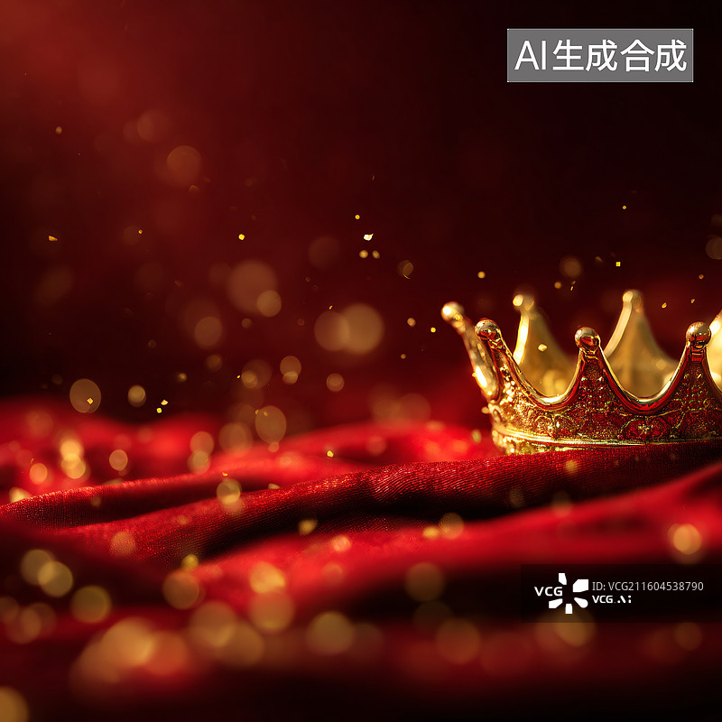 【AI数字艺术】金色皇冠与红色绸缎梦幻光斑图片素材