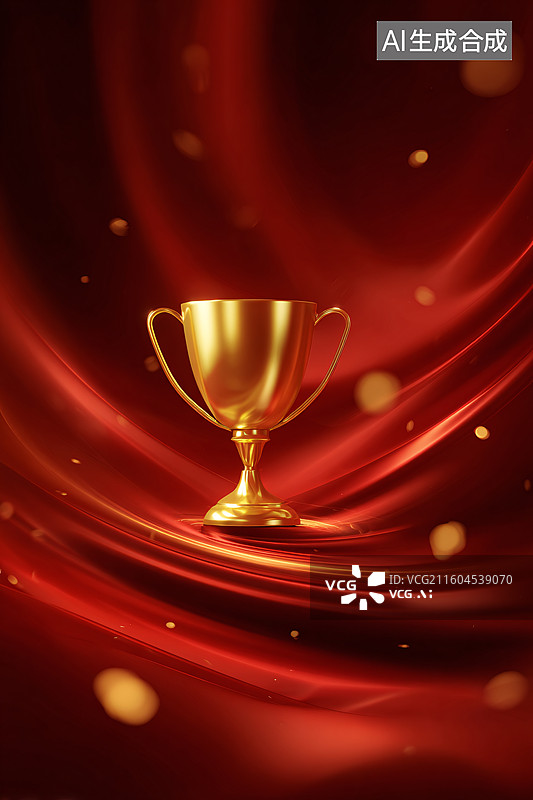 【AI数字艺术】金色奖杯与红色丝绸背景图片素材