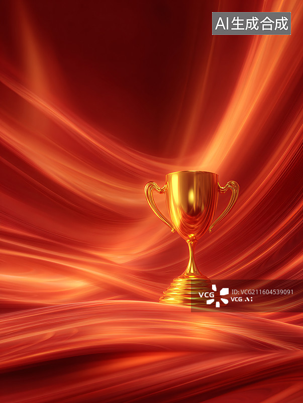 【AI数字艺术】金色奖杯与红色丝绸背景图片素材