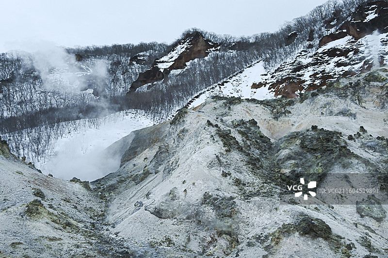 日本北海道冬季登别地狱谷景区内山峰和雪景的自然风光图片素材