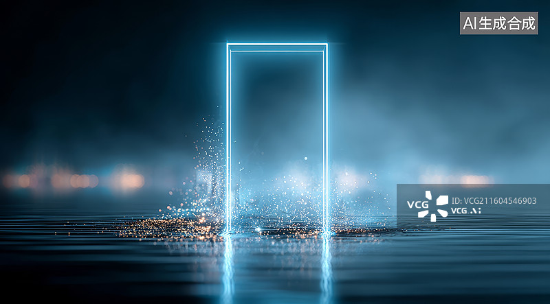 【AI数字艺术】发光门框水面上浮现图片素材