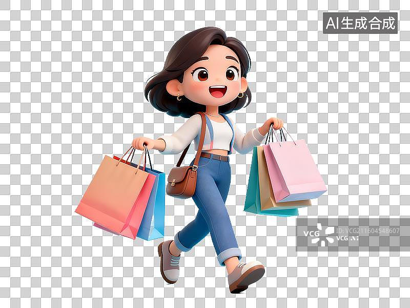【AI数字艺术】卡通Q萌购物狂欢女孩免抠素材图片素材