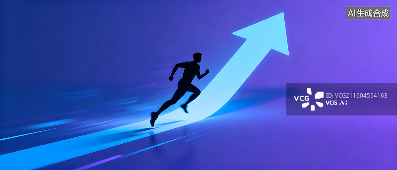 【AI数字艺术】奔跑者踏着上升箭头向前冲刺图片素材