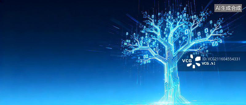 【AI数字艺术】蓝色科技树数据流动视觉图图片素材