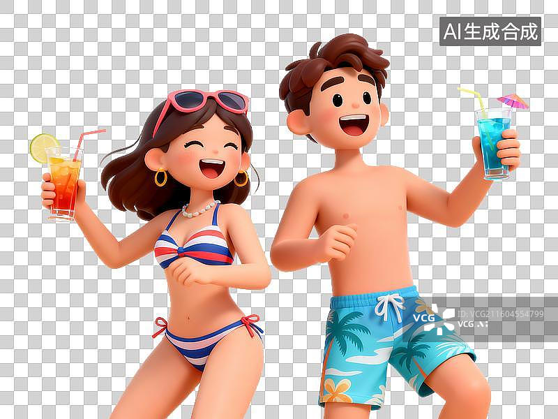 【AI数字艺术】卡通Q萌海滩度假情侣免抠素材图片素材