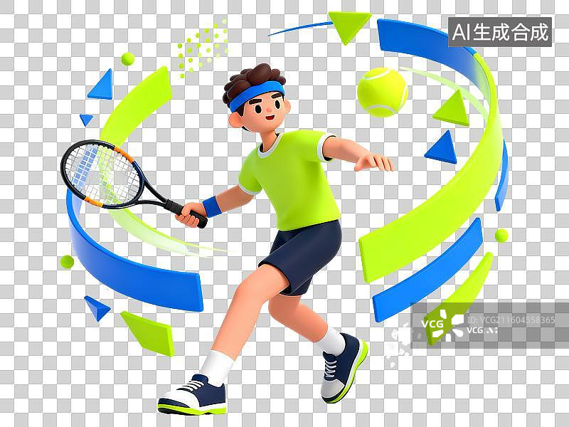 【AI数字艺术】网球男运动员击球3D立体C4D渲染醒目强对比激情氛围体育项目卡通插画元素图片素材