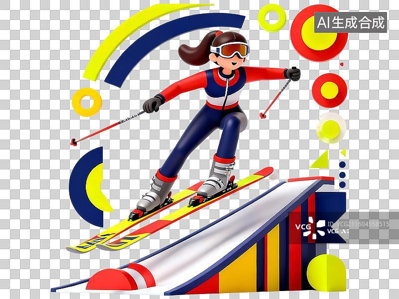 【AI数字艺术】女性双板滑雪3D立体C4D渲染醒目强对比激情氛围体育项目卡通插画元素图片素材
