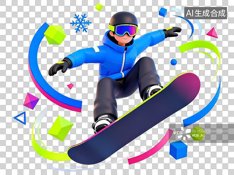 【AI数字艺术】单板跳台滑雪运动员姿势3D立体C4D渲染醒目强对比激情氛围体育项目卡通插画元素图片素材