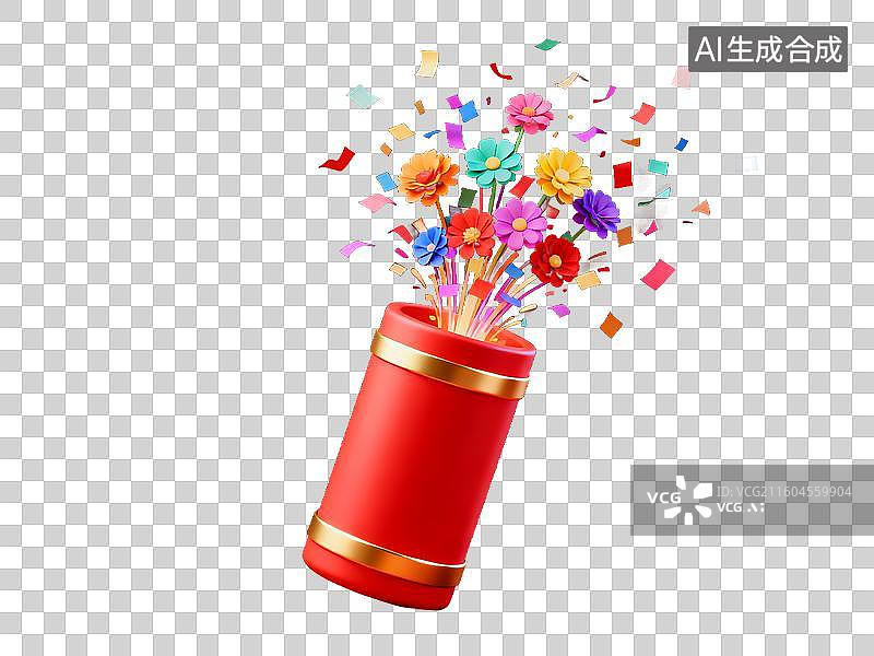【AI数字艺术】电商购物 促销元素 红色礼筒绽放彩色花朵图片素材