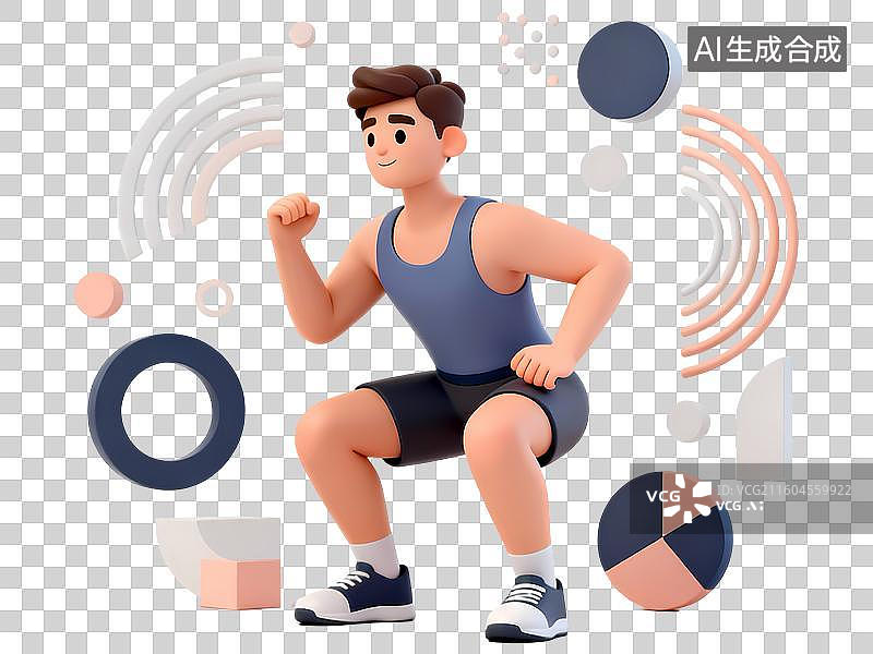 【AI数字艺术】男性蹲坐深蹲健身3D立体C4D渲染醒目强对比激情氛围体育项目卡通插画元素图片素材