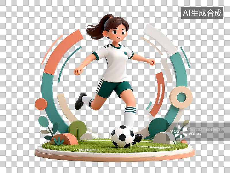 【AI数字艺术】踢足球女孩3D立体C4D渲染醒目强对比激情氛围体育项目卡通插画元素图片素材