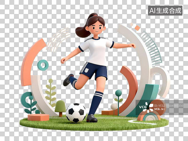 【AI数字艺术】踢足球女孩3D立体C4D渲染醒目强对比激情氛围体育项目卡通插画元素图片素材