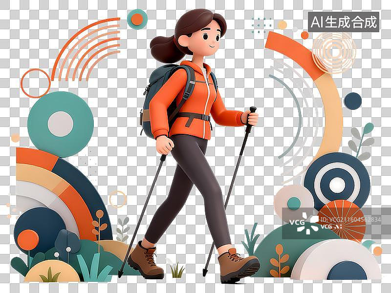 【AI数字艺术】户外徒步女孩3D立体C4D渲染几何装饰活力氛围体育项目卡通插画元素图片素材